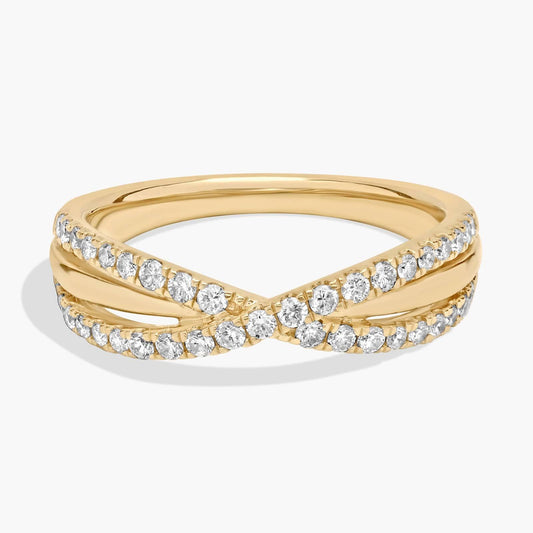Natural Diamond Crossover ring | set in 14k Yellow Gold