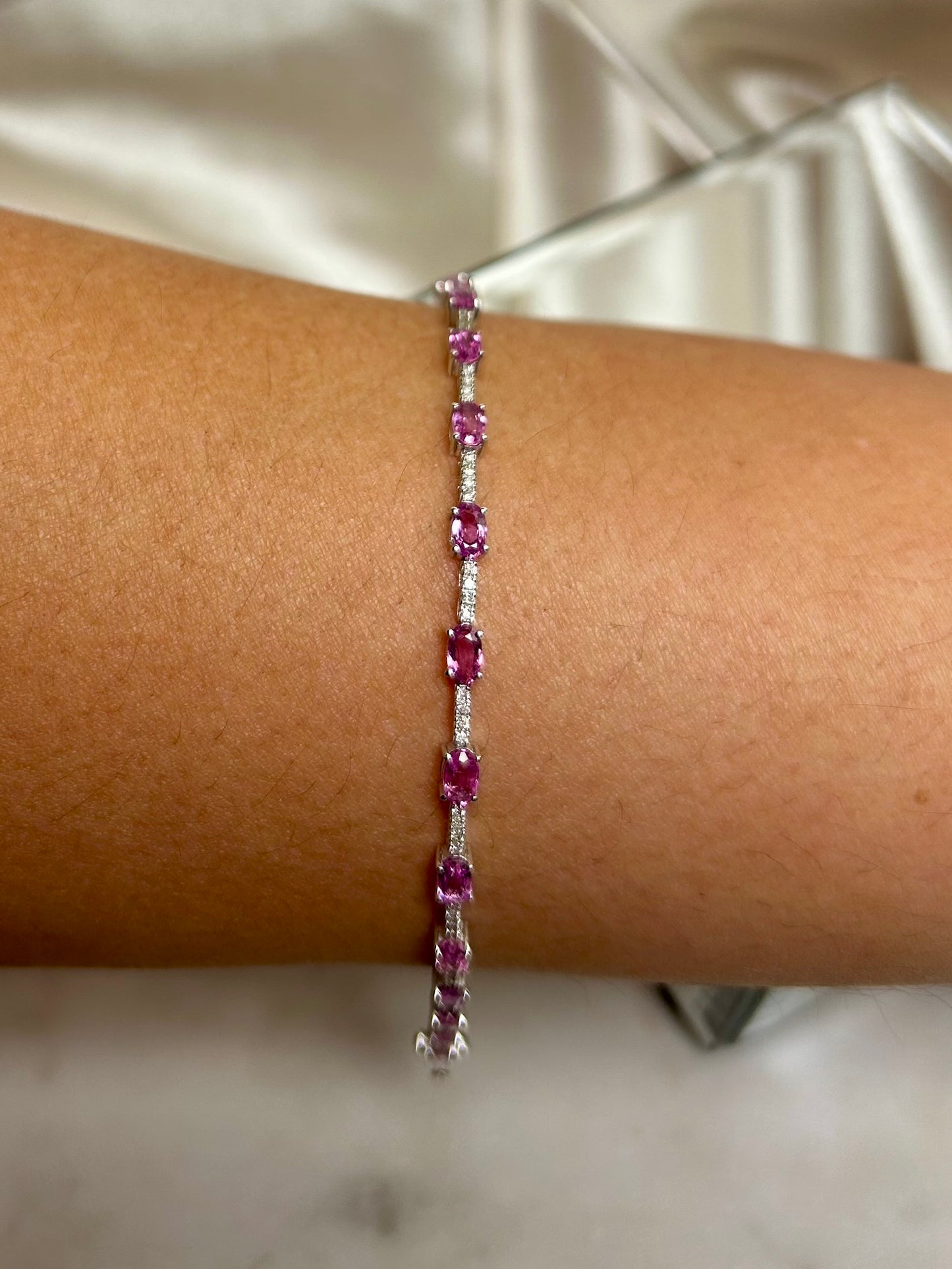 Diamond and Pink Sapphire Bracelet set in 14k White Gold | Size 7in