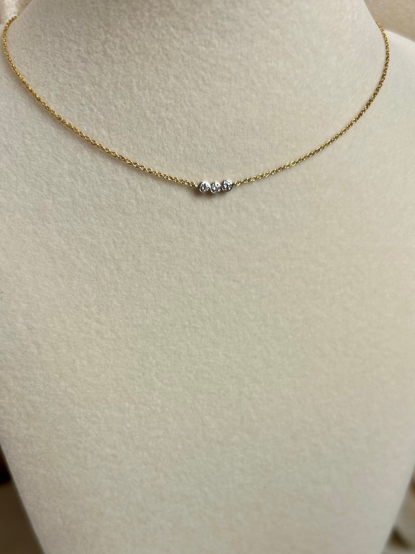 Dainty Necklace with three Bezel Set Natural Diamonds set in 14k Yellow Gold