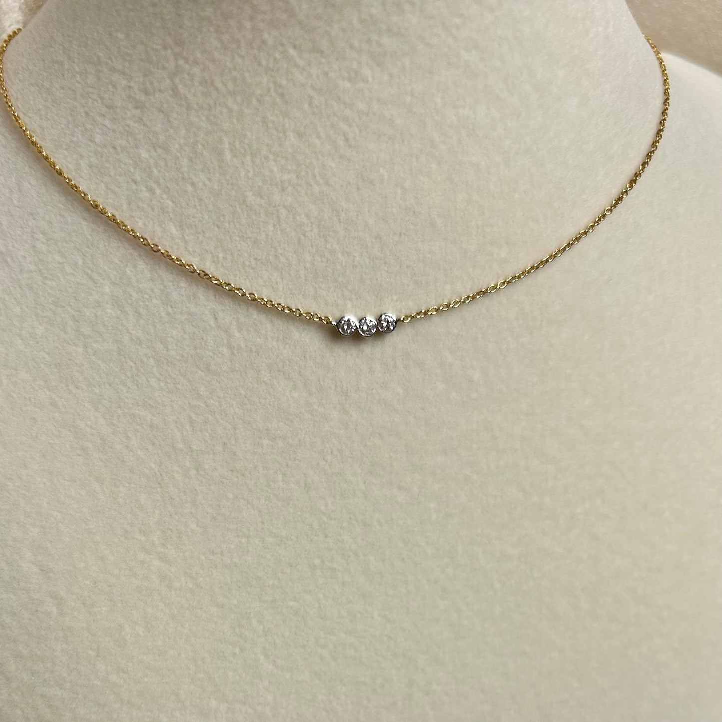 Dainty Necklace with three Bezel Set Natural Diamonds set in 14k Yellow Gold