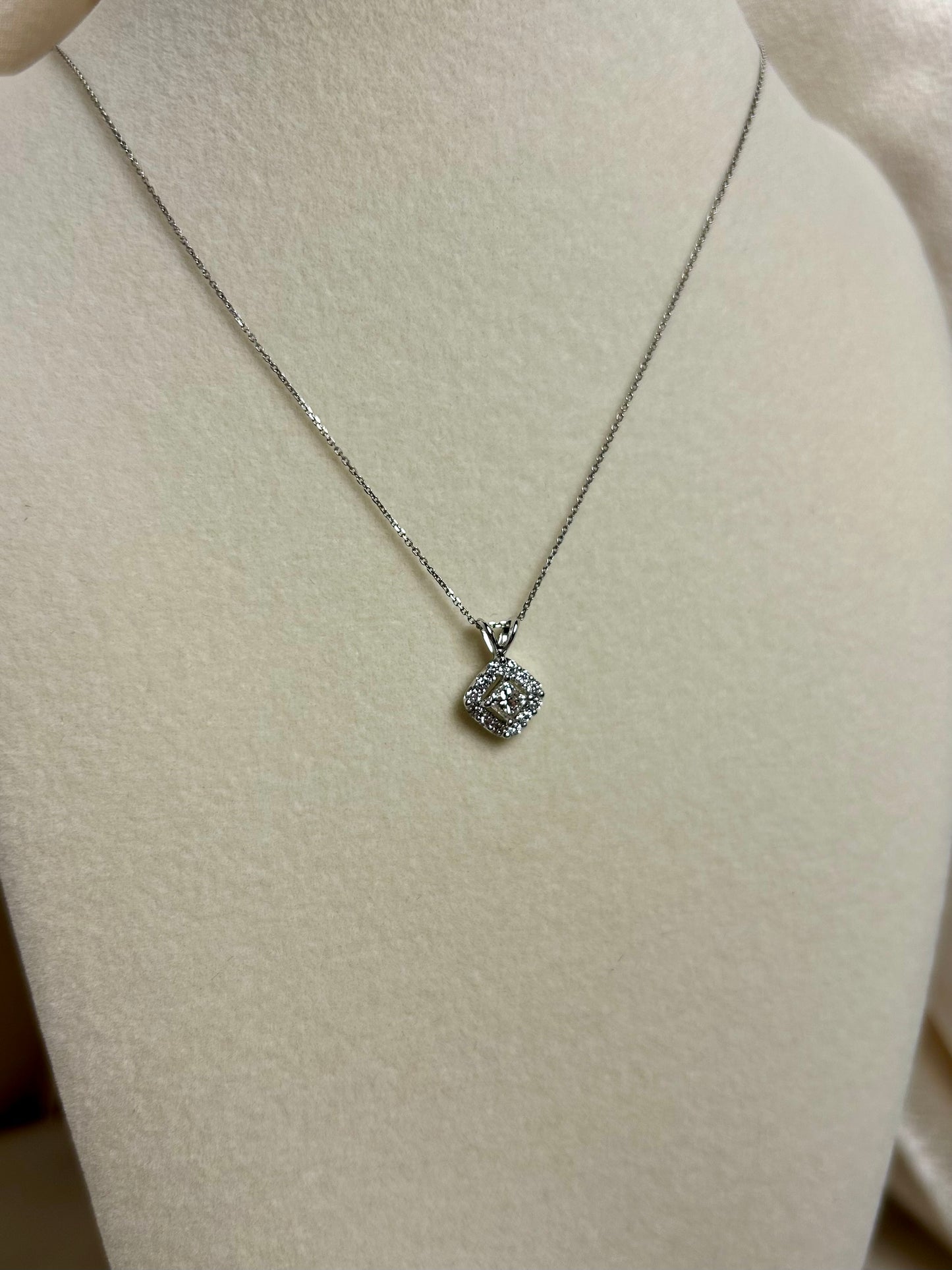 Princess Cut Diamond Pendant with Diamond Halo set in 14k White Gold