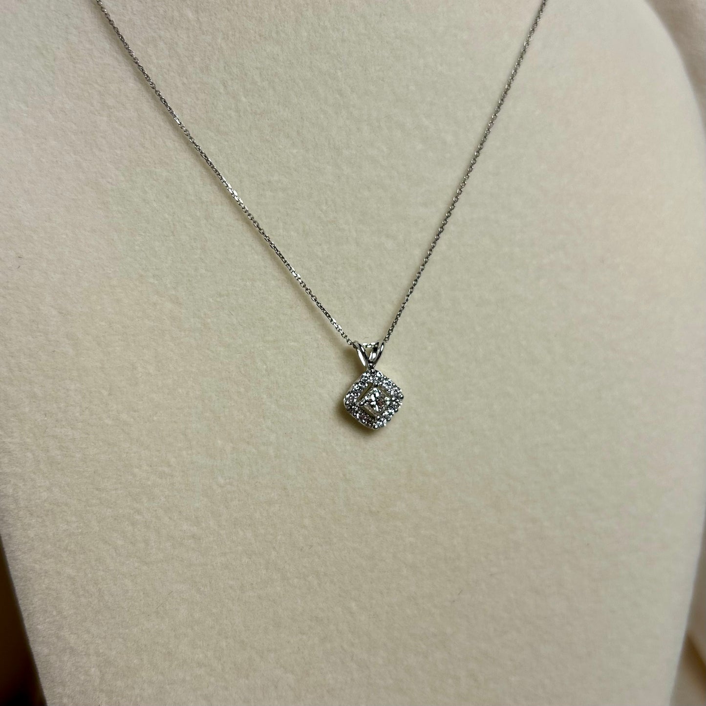 Princess Cut Diamond Pendant with Diamond Halo set in 14k White Gold