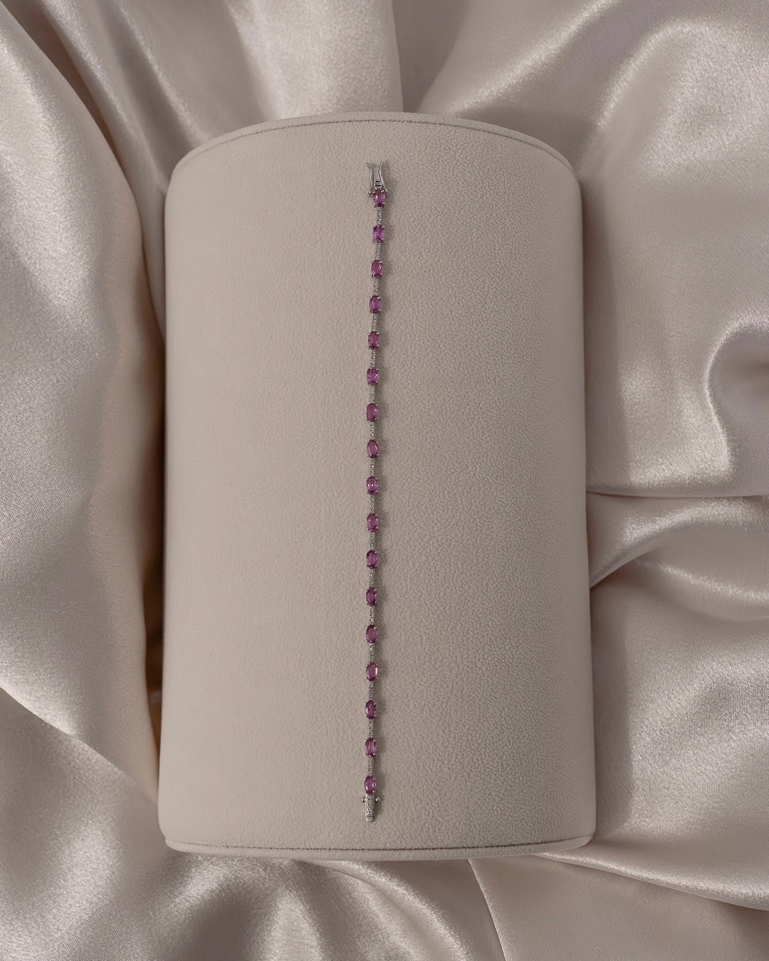 Diamond and Pink Sapphire Bracelet set in 14k White Gold | Size 7in